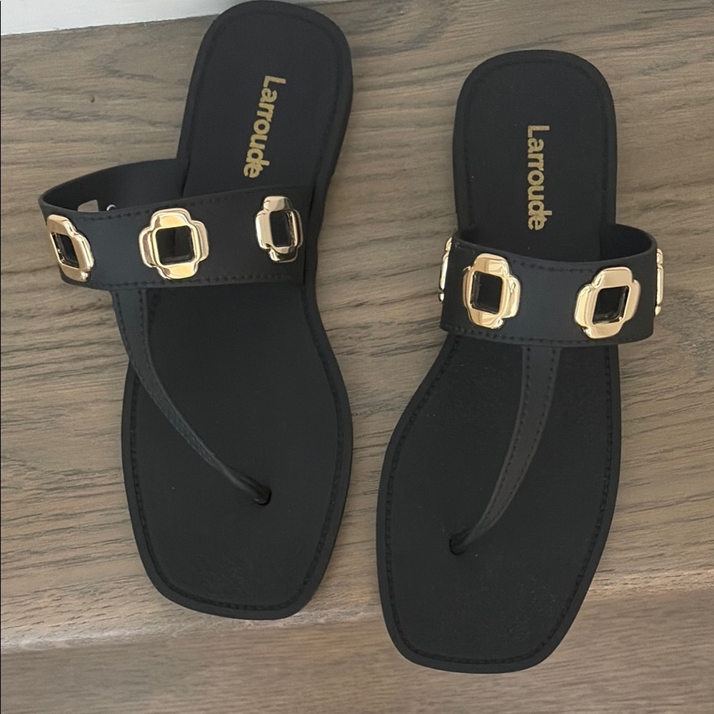 Larroude Black Thong Sandals with Gold Hardware